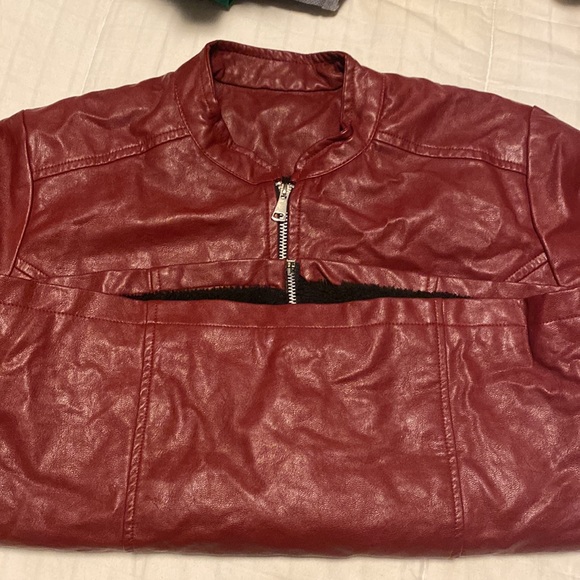 Burgundy pleather fleece lined bomber style jacket - Picture 8 of 8